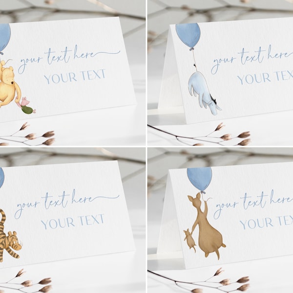 Winnie the Pooh Folded Place Cards. Childrens Printable Food Labels. Buffet Card Template. Custom Table Name Cards. Party Tent Cards. B9 B4