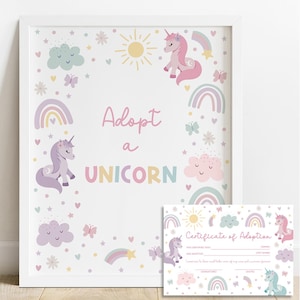 Adopt a Unicorn Sign. Printable Unicorn Certificate Party Game, Magical Pastel Birthday Decoration, Digital Download for Kids Celebration Z4