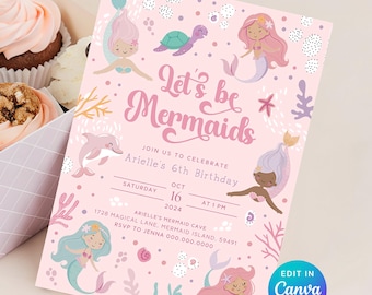 Let's Be Mermaids 6th Birthday Invitation - Cute Girls Fun Ocean Party - Editable Instant Download - Pink Pastel Under the Sea Theme Z1