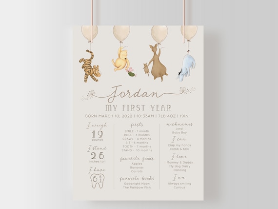 Winnie the Pooh First Birthday Milestone Board. Classic Pooh 1st Birthday Milestone Poster. My First Year Sign Gender Neutral Party Theme B2