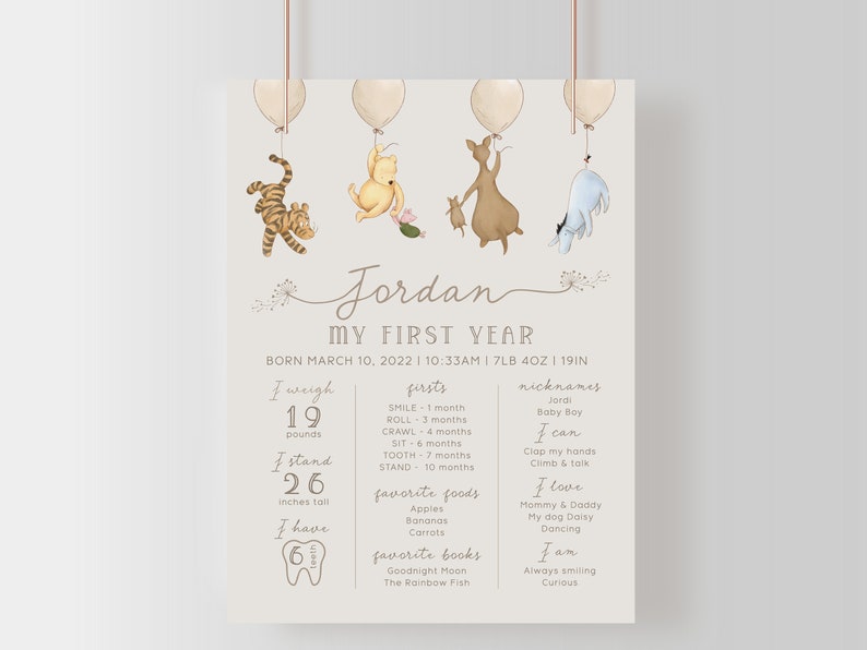 May include: A Winnie the Pooh themed baby milestone poster with a light brown background. The poster features a baby's name, "Jordan", and details about their first year, including weight, height, and milestones. The poster is decorated with Winnie the Pooh characters and balloons.