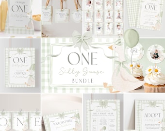 One Silly Goose Birthday Bundle Editable Sage Green Bow Party Set Gender Neutral Coquette Gingham Decor Printable 1 Year Old Baby Package G8