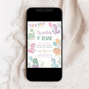 Dino and Unicorn Double Birthday Invite