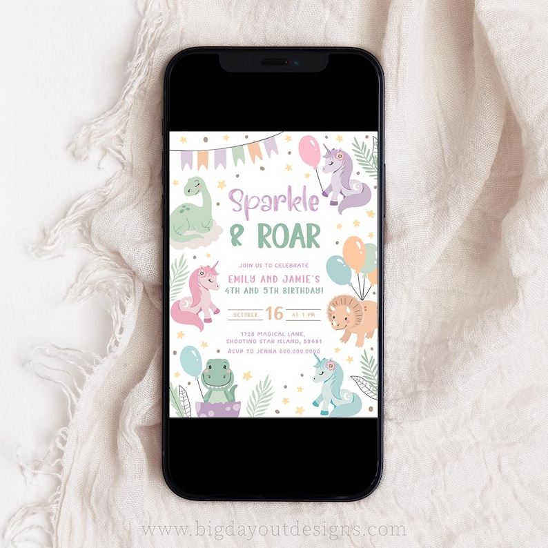 Dino and Unicorn Double Birthday Invite