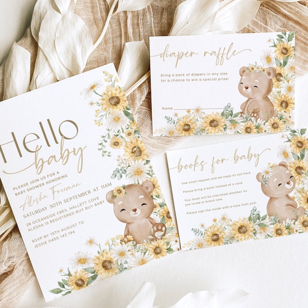 Editable Boho Girl Bear Baby Shower Invitations. Teddy Bear Baby Sprinkle Bundle. Sunflower Floral Theme Template. Digital Invite Suite K1