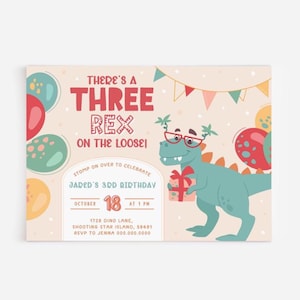 Three Rex Invitation Boy. Dinosaur 3rd Birthday Invite. Printable Dino Third Birthday. Modern Kids T-Rex Party. Editable Digital Download D4