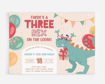 Three Rex Invitation Boy. Dinosaur 3rd Birthday Invite. Printable Dino Third Birthday. Modern Kids T-Rex Party. Editable Digital Download D4