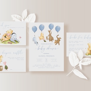 Classic Pooh Boy Baby Shower Invitation. Blue Baby Shower Invite. Boy Themed Vintage Pooh and Friends with Balloons. Printable Invitation B9