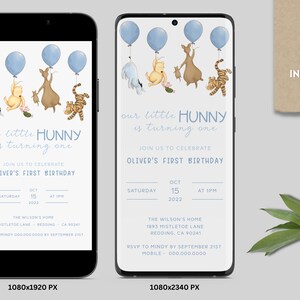 May include: A blue and white Winnie the Pooh themed first birthday invitation with a blue and white balloon design. The invitation says "our little HUNNY is turning one" and includes the date, time, and location of the party.