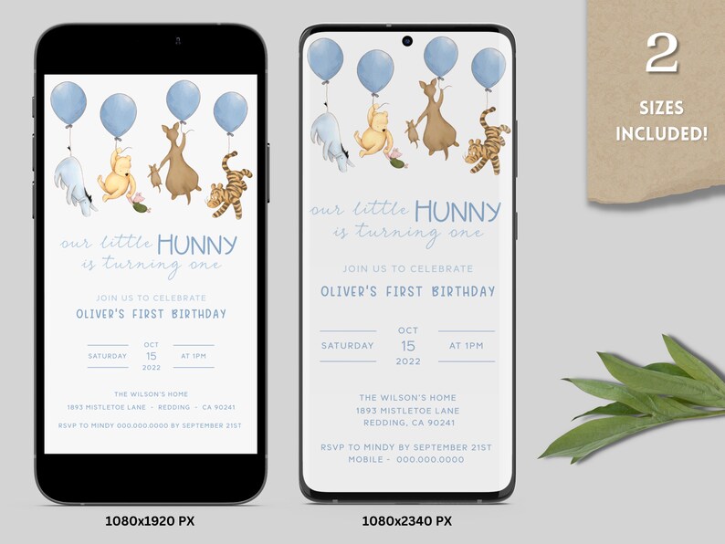 May include: A blue and white Winnie the Pooh themed first birthday invitation with a blue and white balloon design. The invitation says "our little HUNNY is turning one" and includes the date, time, and location of the party.