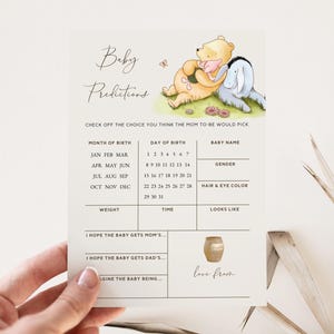 wishes for baby game
winnie the pooh game
game baby shower
pooh printables
classic pooh print
parental advice game
vintage pooh shower
pooh baby shower
editable template
predictions games
baby prediction game
predictions card
couples baby shower