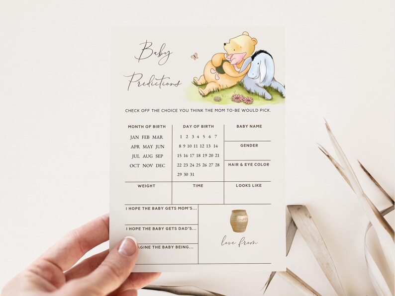 wishes for baby game
winnie the pooh game
game baby shower
pooh printables
classic pooh print
parental advice game
vintage pooh shower
pooh baby shower
editable template
predictions games
baby prediction game
predictions card
couples baby shower