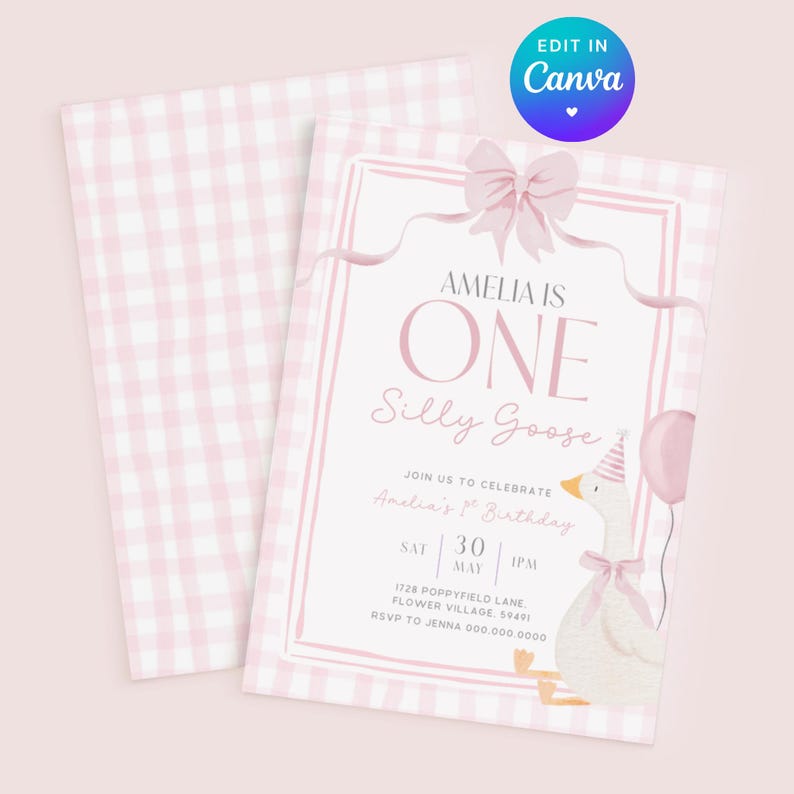 Silly Little Goose Birthday Invite. Editable Silly Goose One Invitation. Girls 1st Birthday Pink Gingham First Party Coquette Bow Theme.
