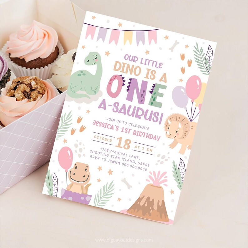 Pink Cute Baby Dino 1st Birthday Invitation