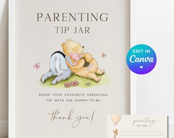 Editable Pooh Parenting Tip Jar Game. Baby Advice Card Game. Winnie the Pooh and Friends Baby Shower Party Sign & Game Ticket Print Canva N1