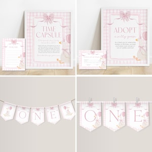One Silly Goose Birthday Bundle Editable Pink Bow Goose Party Set Girls Coquette Gingham Decor Printable 1 Year Old Birthday Baby Package G7