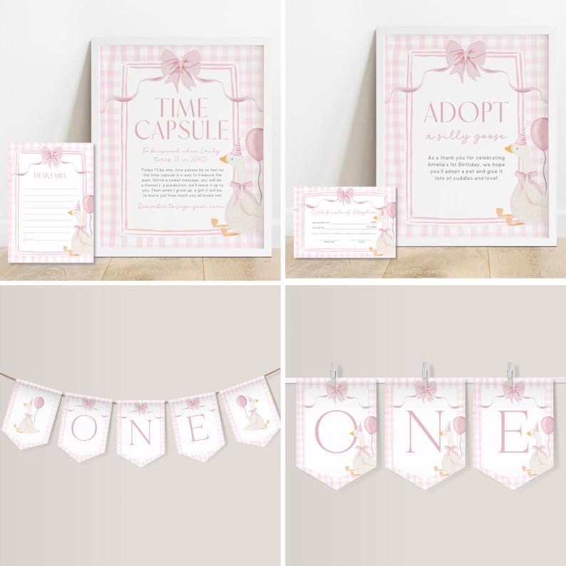 One Silly Goose Birthday Bundle Editable Pink Bow Goose Party Set Girls Coquette Gingham Decor Printable 1 Year Old Birthday Baby Package G7