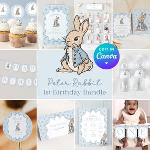 Bundel 1e verjaardag Peter Rabbit. Een of ander konijn is één bundel. Bewerkbare rustieke jongen Pasen-sjabloon. Afdrukbare blauwe strikcoquette First Party. R2