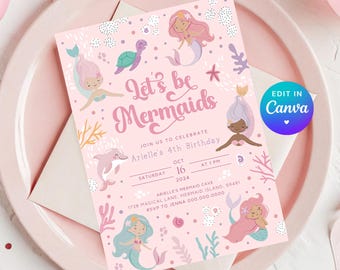 Invitación de cumpleaños editable "Seamos sirenas" para niñas de 4 años - Bajo el mar - Invitación imprimible en rosa pastel - Descarga instantánea Z1