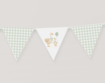 Goose Baby Shower Banner. Printable Goose Bunting Garland. One Silly Goose Birthday Party Decor, Sage Green Gender Neutral Gingham Geese. G4