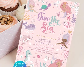 Faire-part d'anniversaire Deux la mer. Invitation modifiable pour le 2e anniversaire de sirène. Fête d'anniversaire de filles roses. Impression numérique sous le thème de la mer. Z1