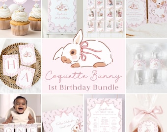 Some Bunny Is One Birthday Bundle. Pink Coquette Bow First Birthday Party. Vintage Rabbit Easter Decor Floral Printable Editable Template R4
