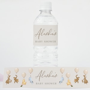 Classic Pooh Baby Shower Water Bottle Labels. Vintage Winnie Pooh Printable Labels. Gender Neutral Pooh Bear Balloons. Editable Template. N1