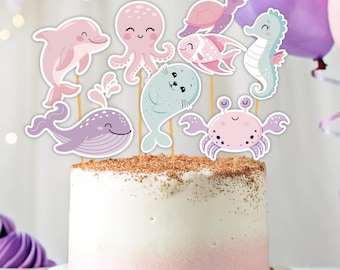 Under the Sea Cutout. Ocean Animal Cake Topper. Sea Creature Cake Decoration. Oneder the Sea Baby Centerpiece Editable Printable Template Z5