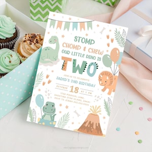 May include: A birthday invitation with a dinosaur theme. The invitation features the text "Stomp, Chomp & Chew, Our Little Dino is Two." It includes illustrations of dinosaurs, balloons, and a volcano. The date is October 18th.
