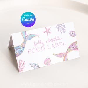 Mermaid Food Labels Printable Mermaid Tail Under the Sea Party Decor. Girls DIY Purple Pastel Editable Birthday Food Tent Card Templates. Z8