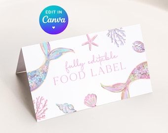 Mermaid Food Labels Printable Mermaid Tail Under the Sea Party Decor. Girls DIY Purple Pastel Editable Birthday Food Tent Card Templates. Z8
