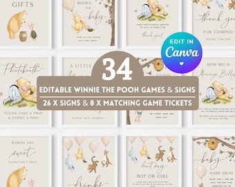 Pacote editável de jogos e placas de mesa para chá de bebê com tema vintage do Ursinho Pooh. Decoração de festa unissex para imprimir. Modelo digital N1 para menino e menina.
