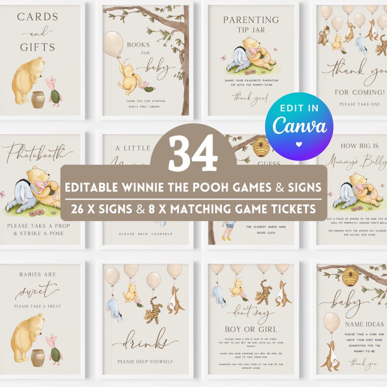 Editable Vintage Winnie the Pooh Baby Shower Games and Table Sign Bundle. Printable Gender Neutral Party Decor. Boy Girl Digital Template