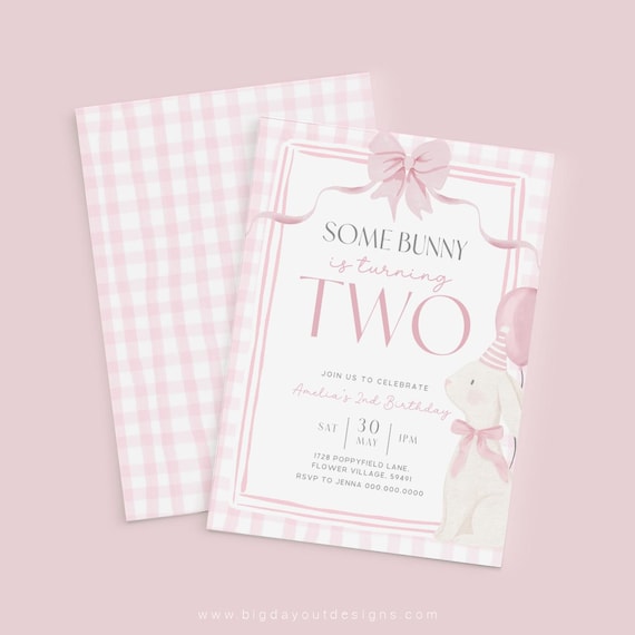 Some Bunny is Turning Two Invites Canva Editable Pink Coquette Invitation Girls 2nd Birthday Gingham Second Party Spring Rabbit Bow Theme A2