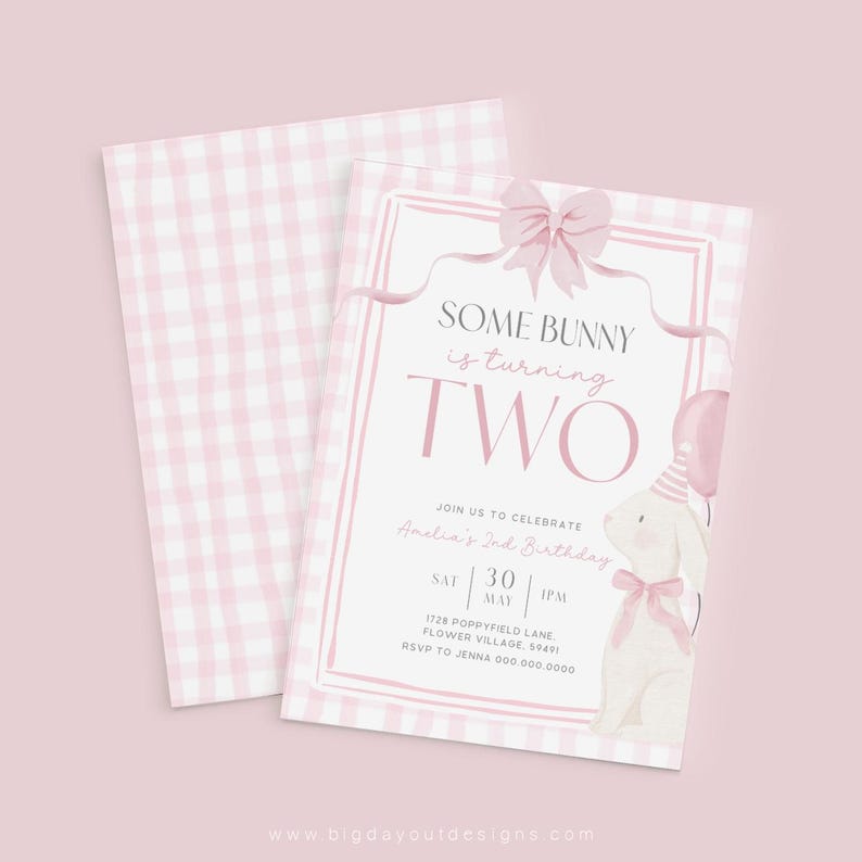 Some Bunny is Turning Two Invites Canva Editable Pink Coquette Invitation Girls 2nd Birthday Gingham Second Party Spring Rabbit Bow Theme