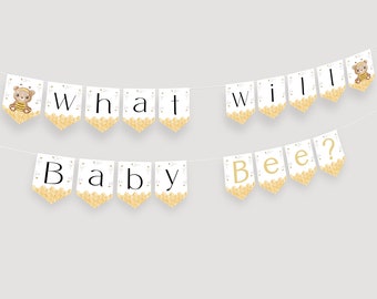 What Will Baby Bee Banner. Honey Bee Gender Reveal Party Banner Bunting. Printable Digital Garland Template. Bee Themed Baby Shower Flag. J1
