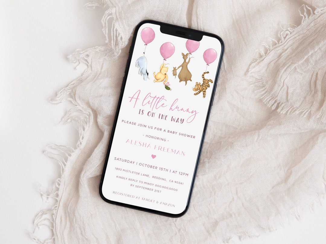 EDITABLE Winnie the Pooh Baby Shower Evite Girl Classic Pooh Pink
