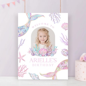 Mermaid Party Welcome Sign. Editable Under the Sea Mermaid Tail Birthday Decor. Pastel Girl Pink Purple Digital Instant Download Template Z8