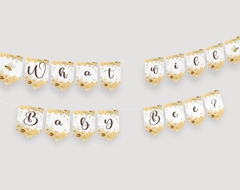 What Will Baby Bee Banner. Honey Bee Gender Reveal Party Banner Bunting. Printable Digital Garland Template. Bee Themed Baby Shower Flag. B1