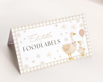 Mother Goose Baby Shower Decorations. Gender Neutral Gingham Silly Goose Place Card. Printable Little Goose Food Label Editable Birthday. G4