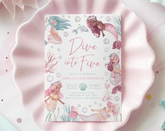 Editable Dive Into 5 Mermaid Birthday Invite Printable 5th Birthday Invitation Five Year Old Party Pink Pastel Watercolor Canva Template Z7
