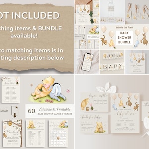 May include: A set of printable Winnie the Pooh baby shower games and tickets. The games include a guess how many candies in the jar, a baby shower bingo, a diaper raffle, a find the Pooh bear game, and a thank you card. The games are decorated with Winnie the Pooh and Piglet characters.