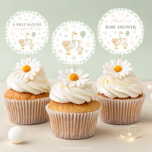 Goose Baby Shower Cupcake Toppers. Silly Little Goose Printable Decor. Sage Green Mother Goose Favors. Gender Neutral Gingham Geese Theme G3