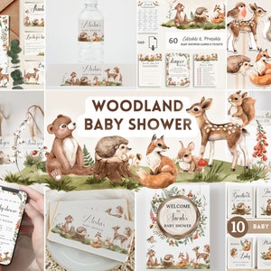 Woodland Baby Shower Bundle. Cute Forest Animals Bear Set. Digital Party Decoration Printables. Editable Gender Neutral Sign Games Favor. L1