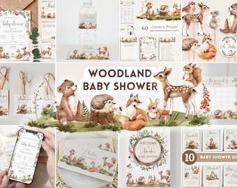 Woodland Baby Shower Bundle. Cute Forest Animals Bear Set. Digital Party Decoration Printables. Editable Gender Neutral Sign Games Favor. L1