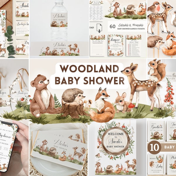 Woodland Baby Shower Bundle. Cute Forest Animals Bear Set. Digital Party Decoration Printables. Editable Gender Neutral Sign Games Favor. L1