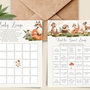 Woodland Baby Shower Bingo. Find the Guest Bingo Printable. Woodland Baby Shower Games. Baby Bingo Shower Games Bundle. Woodland Animals.