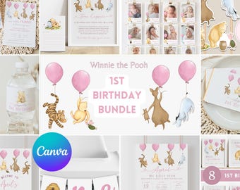 Classic Winnie the Pooh Girl 1st Birthday Bundle. Ideas for Girl First Birthday Decor Pooh Party Supplies Vintage Pooh Decoration Package B3