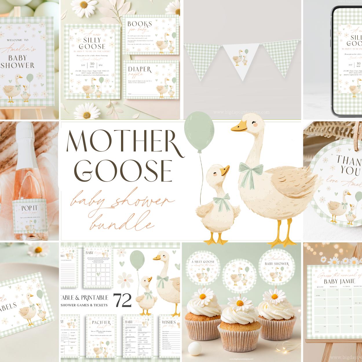 Goose Baby Shower Bundle. Gender Neutral Gingham Goose Invitation, Fun Editable Games Set, Sage Green Party Decor, Printable Templates. G3