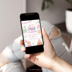 Pink Cute Baby Dino 1st Birthday Invitation